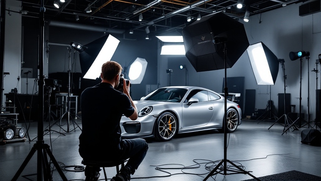 Interior de un estudio fotográfico profesional donde se está fotografiando un Porsche 911 GT3 plateado. Se ven los flashes profesionales y reflectores alrededor del coche. En primer plano, un fotógrafo profesional con equipo de alta gama está ajustando su cámara. El ambiente es técnico y profesional.