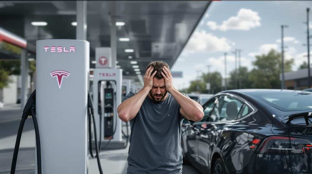 Una persona está de pie en una estación de carga de Tesla con las manos en la cabeza, mostrando frustración. La persona está frente a un vehículo eléctrico Tesla que está enchufado a la estación de carga. La estación de carga tiene el logotipo y la marca de Tesla visibles. Esta imagen destaca la frustración que puede surgir al usar vehículos eléctricos y la infraestructura para cargarlos
