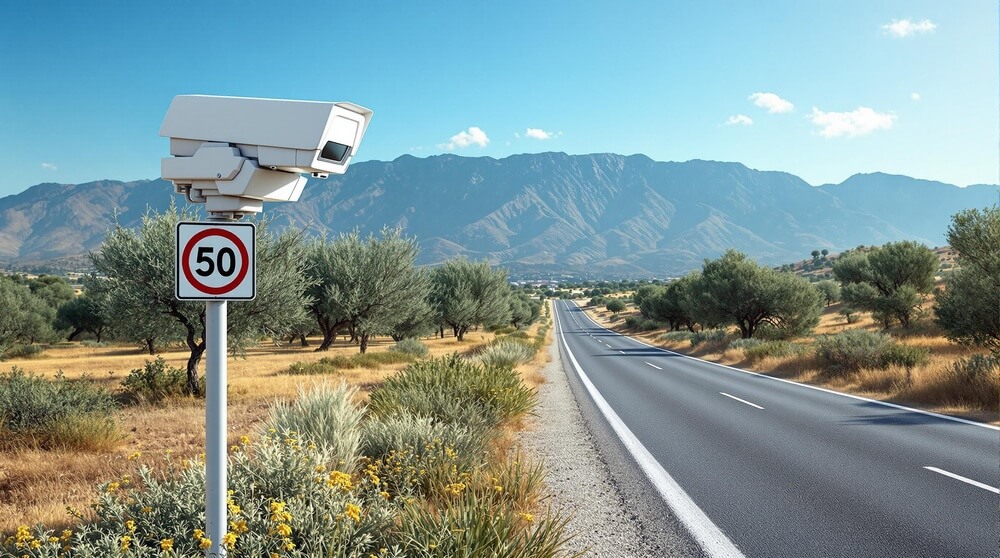 Imagen de un radar de velocidad junto a una señal de límite 50 km/h en una carretera rural, con montañas escarpadas al fondo y olivos en el paisaje.