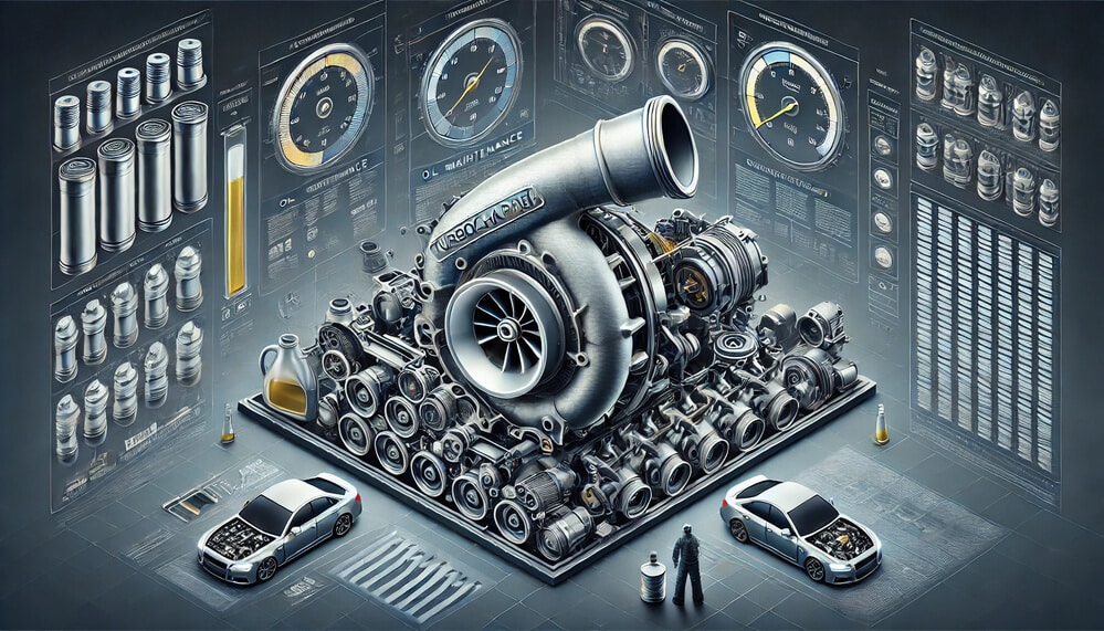 La imagen muestra una ilustración detallada de un turbocompresor rodeado de varios componentes automotrices y diagramas técnicos. El foco central es un gran turbocompresor etiquetado como 'TURBOCHARGER', rodeado de piezas mecánicas más pequeñas como pistones, bujías y otros componentes del motor. En la parte inferior de la imagen, hay dos coches con los capós abiertos, revelando sus motores. Una persona está de pie cerca de los coches, posiblemente indicando la escala del turbocompresor y los componentes.

El fondo presenta múltiples diagramas técnicos y medidores, mostrando información detallada sobre los componentes, como sus dimensiones, especificaciones y métricas de rendimiento. También hay imágenes de contenedores de aceite y otros elementos relacionados con el mantenimiento.