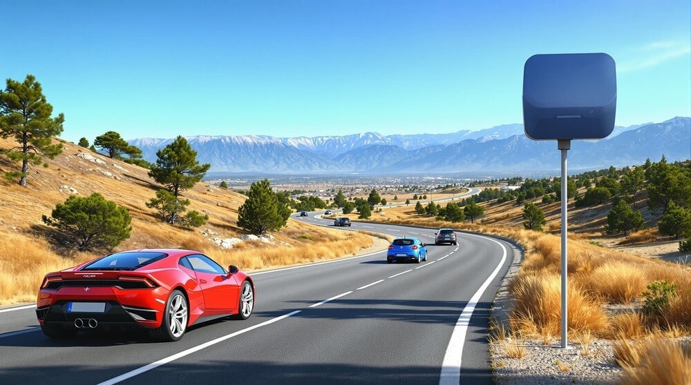 Un coche deportivo rojo está conduciendo por una carretera sinuosa a través de un paisaje pintoresco con montañas al fondo. La carretera está rodeada de hierba seca y árboles dispersos. Otros coches son visibles más adelante en la carretera. Una gran cámara de tráfico cuadrada o sensor está montado en un poste al lado derecho de la carretera.