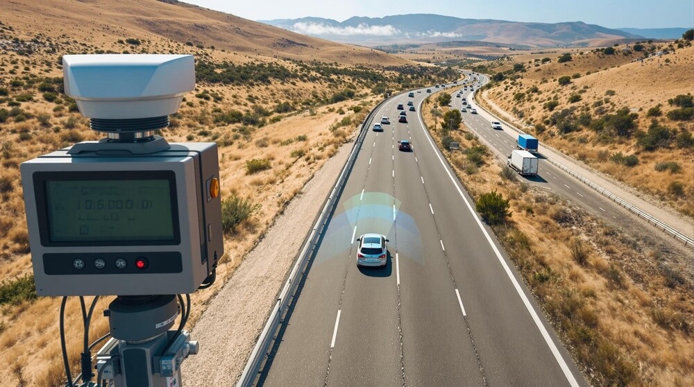 An aerial view of a Spanish highway with a modern radar device on the side of the road. Cars of various types are driving, with one car subtly highlighted as if caught speeding. The landscape shows a dry Mediterranean environment with rolling hills and scattered vegetation.