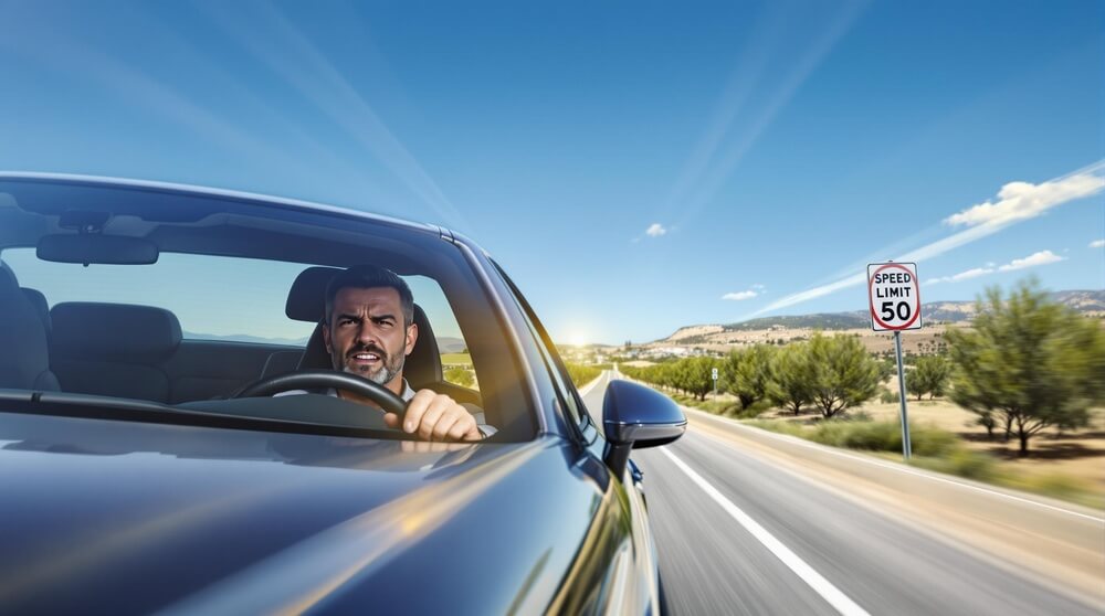Fotografía tomada desde el interior de un vehículo en movimiento que muestra a un conductor con expresión de preocupación o frustración al ver una señal de límite de velocidad de 50 mph. La imagen está tomada desde el lado del conductor, mostrando el parabrisas y parte del capó del coche. El fondo muestra un día soleado con cielo azul brillante y un paisaje montañoso. La imagen transmite la tensión del momento cuando un conductor se percata de un límite de velocidad, posiblemente más bajo de lo esperado.