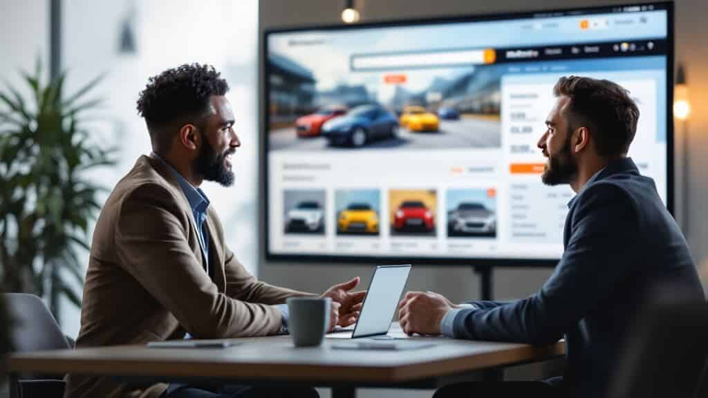 Dos individuos sentados en una mesa en una oficina o sala de reuniones moderna, discutiendo mientras miran una pantalla grande que muestra un sitio web relacionado con coches. El sitio web en la pantalla presenta imágenes de varios coches, con algunos detalles y precios visibles. Los individuos tienen portátiles y una taza de café en la mesa, indicando un entorno profesional. Esta imagen sugiere una reunión de trabajo sobre cómo comprar coches en línea, relacionada con 'como comprar coche online' y 'Miana Motor'