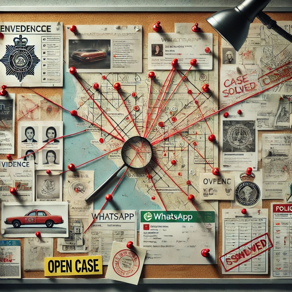 : La imagen muestra un tablero de pruebas de un detective, comúnmente utilizado en investigaciones criminales. El tablero está lleno de varios documentos, fotografías, mapas y notas conectadas por hilos rojos y alfileres, indicando relaciones y conexiones entre diferentes piezas de evidencia. Los elementos clave incluyen:

Un mapa central con numerosos hilos rojos que conducen a varios puntos.

Fotografías de sospechosos y vehículos.

Documentos oficiales y tarjetas de identificación.

Etiquetas como "EVIDENCE," "OPEN CASE," y "CASE SOLVED."

Una captura de pantalla de un mensaje de WhatsApp.

Una lupa colocada sobre el mapa.

Esta imagen ilustra el proceso de juntar pistas y evidencias para resolver un crimen, mostrando la complejidad y el detalle involucrados en las investigaciones criminales.
