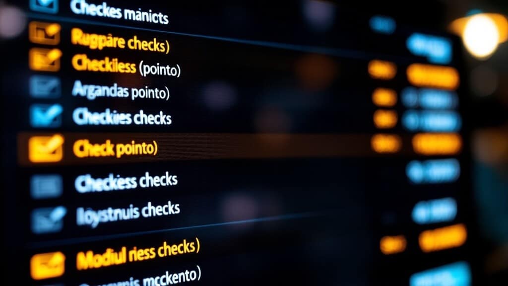 : "Una imagen de una pantalla digital que muestra una lista de elementos, cada uno con una casilla de verificación al lado. El texto en la pantalla parece estar en una mezcla de diferentes idiomas o texto corrupto. La lista incluye ítems como 'Checkes mainicts', 'Rugpàre checks', y otros. La imagen sugiere consejos o pasos para comprar un coche en línea, a pesar de la confusión del texto. 'Consejos comprar coche online' y 'Miana Motor'