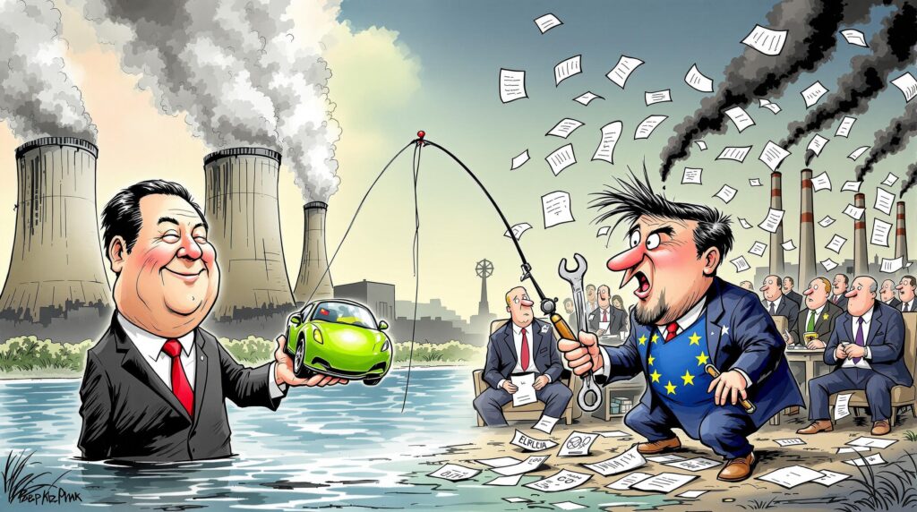 Caricatura editorial que muestra una escena dividida. A la izquierda, un ejecutivo chino sonriente está de pie en un lago, sosteniendo un pequeño coche eléctrico verde brillante como señuelo, con enormes torres de refrigeración de centrales térmicas humeantes en el fondo. A la derecha, un político europeo vestido con una chaqueta decorada con las estrellas de la UE muerde ansiosamente el anzuelo, mientras detrás de él varios burócratas escriben frenéticamente regulaciones que vuelan por el aire. El contraste entre la sonrisa astuta del ejecutivo chino y la expresión ansiosa del europeo es notable. Las chimeneas industriales emiten humo negro, mientras papeles de regulaciones y normativas llenan el cielo. La imagen transmite la ironía de China atrayendo a Europa con promesas 'verdes' mientras mantiene su producción industrial contaminante.