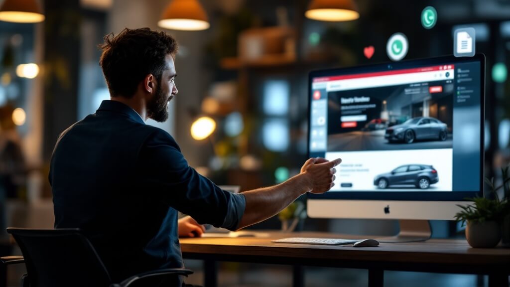 : "Una persona sentada en un escritorio, interactuando con una gran computadora de escritorio. La pantalla de la computadora muestra un sitio web relacionado con automóviles, con imágenes de vehículos e iconos diversos. La persona está señalando la pantalla, posiblemente indicando interés o seleccionando una opción. El fondo incluye un entorno de oficina moderno y bien iluminado con luces colgantes y elementos borrosos, sugiriendo un enfoque en la pantalla de la computadora. 'Comprar coche online' y 'Miana Motor'