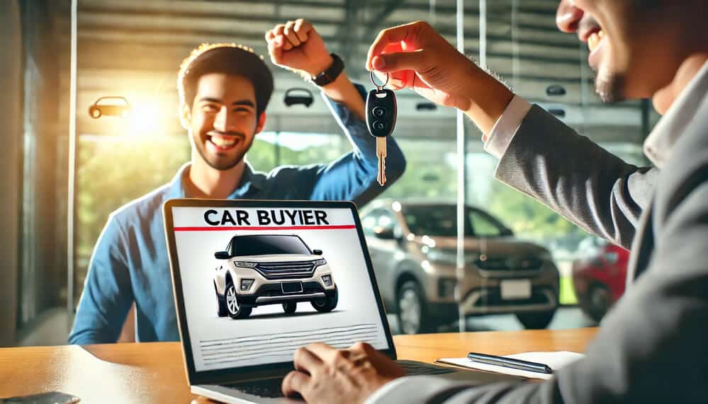 Una escena dentro de un concesionario o una oficina donde se está finalizando la compra de un coche. Una persona sostiene un juego de llaves del coche mientras otra está sentada en un escritorio con un portátil frente a ellos. La pantalla del portátil muestra la imagen de un coche con el título 'CAR BUYER' encima. A través de las ventanas de cristal en el fondo, se pueden ver coches estacionados, indicando que probablemente sea un concesionario. La imagen captura el momento emocionante y significativo de adquirir un vehículo nuevo. 'Comprar coche online' y 'Miana Motor'.