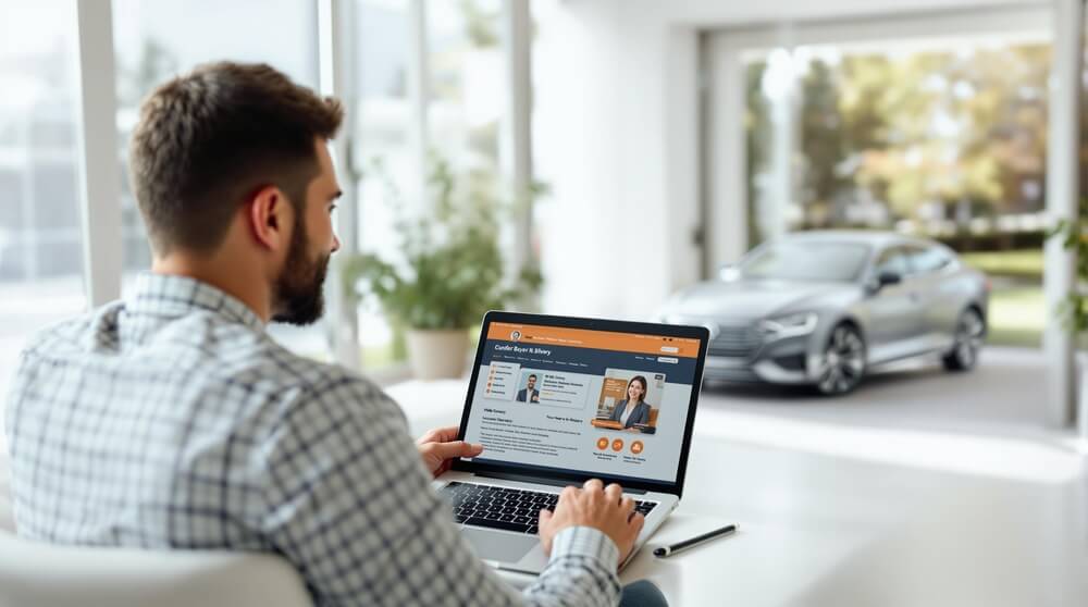 "La imagen muestra a un hombre sentado en una silla blanca, sosteniendo una computadora portátil en sus manos. En la pantalla de la computadora portátil se muestra un sitio web con el título 'Cómo funcionan los concesionarios de coches online'. En el fondo, se puede ver un coche gris estacionado en un espacio luminoso y moderno con grandes ventanas. La imagen es relevante porque ilustra el uso de la tecnología para explorar opciones de compra de automóviles en línea, destacando la conveniencia y accesibilidad de los concesionarios de coches online. Keyword: 'Cómo funcionan los concesionarios de coches online'.