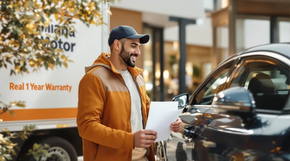 La imagen muestra a un hombre con una chaqueta naranja y una gorra negra, sosteniendo un documento mientras está de pie junto a un coche negro. Detrás de él, hay un camión con el texto 'Real 1 Year Warranty' y parcialmente visible 'Miana Motor'. Esta imagen es relevante para un artículo sobre cómo funcionan los concesionarios de coches online, ya que muestra a una persona posiblemente recibiendo o inspeccionando un coche, lo cual es una parte importante del proceso de compra de vehículos en línea. Keyword: 'Cómo funcionan los concesionarios de coches online'.