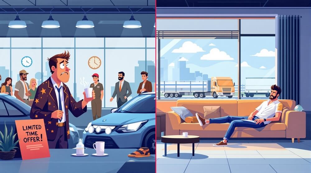 La imagen está dividida en dos partes. La parte izquierda muestra un concesionario de coches con varias personas interactuando. Un hombre con un traje con estrellas sostiene una taza de café y hay un cartel que dice 'LIMITED TIME OFFER!' en una mesa con tazas de café y una planta. Al fondo, se pueden ver varios coches y personas conversando. La parte derecha de la imagen muestra a un hombre relajado en un sofá en una sala de estar moderna con grandes ventanas que permiten ver camiones y una ciudad al fondo. Esta imagen es interesante y relevante porque ilustra la diferencia entre la experiencia tradicional de comprar un coche en un concesionario físico y la comodidad de hacerlo desde casa a través de un concesionario de coches online. Keyword: 'Cómo funcionan los concesionarios de coches online'.