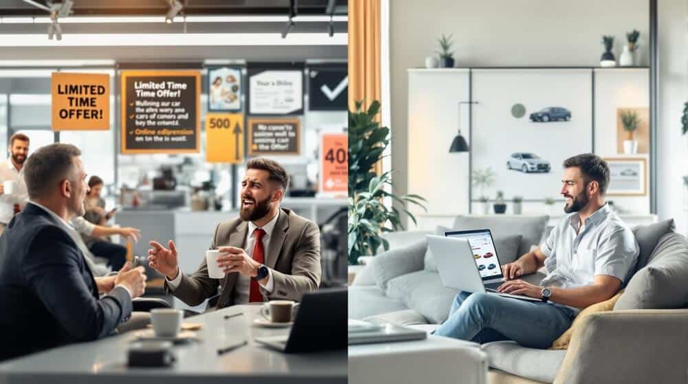 "La imagen está dividida en dos partes. En la parte izquierda, se observa a dos hombres en un entorno de oficina, posiblemente un concesionario de coches, conversando mientras sostienen tazas de café. En el fondo, hay varios carteles promocionales que dicen 'LIMITED TIME OFFER!' y otros mensajes relacionados con ofertas y descuentos en coches. En la parte derecha, un hombre está sentado en un sofá en una sala de estar moderna, usando una computadora portátil para navegar por un sitio web de coches. En la pantalla de la computadora se pueden ver imágenes de coches, lo que sugiere que está explorando opciones de compra de coches en línea. Esta imagen es relevante porque ilustra la dualidad entre la experiencia tradicional de comprar coches en un concesionario físico y la conveniencia de hacerlo en línea desde la comodidad del hogar. Keyword: 'Cómo funcionan los concesionarios de coches online'.