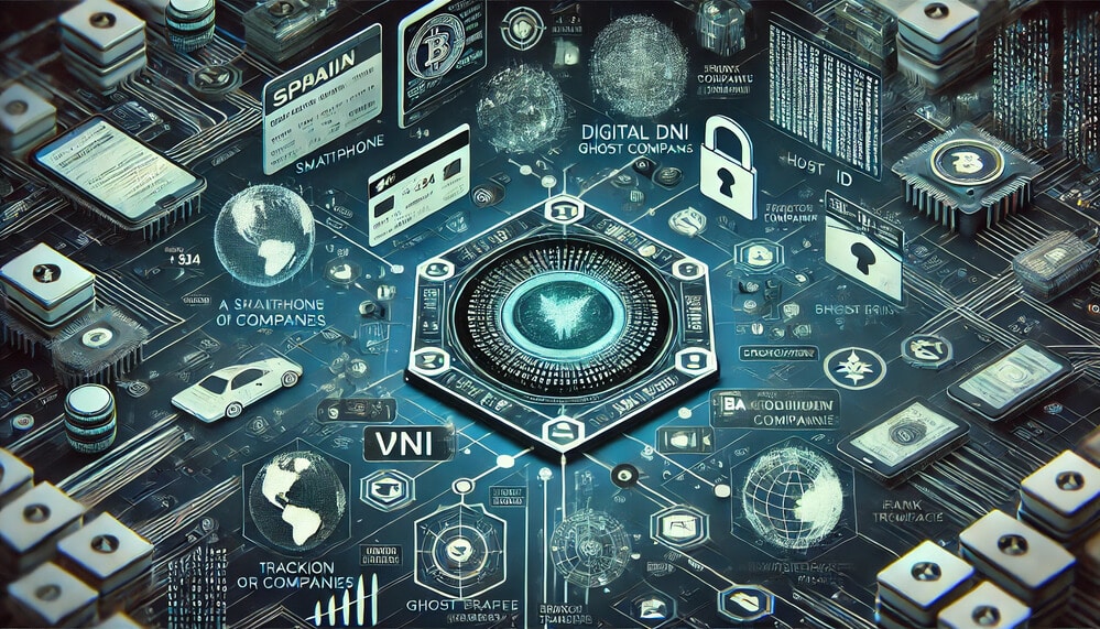 La imagen es una compleja ilustración digital que muestra varios elementos relacionados con la tecnología, la ciberseguridad y la identidad digital. Presenta una interfaz circular central rodeada de varios iconos y textos, incluyendo candados, circuitos y globos digitales. Los textos incluyen frases como "SPAAIN", "A SMARTPHONE OF COMPANIES", "DIGITAL DNI GHOST COMPANIES", "HOST ID", "VNI", "TRACCIÓN OF COMPANIES" y "GHOST TRAFFEE". La imagen visualmente representa temas de seguridad digital, redes corporativas y la interconexión de los sistemas tecnológicos modernos.