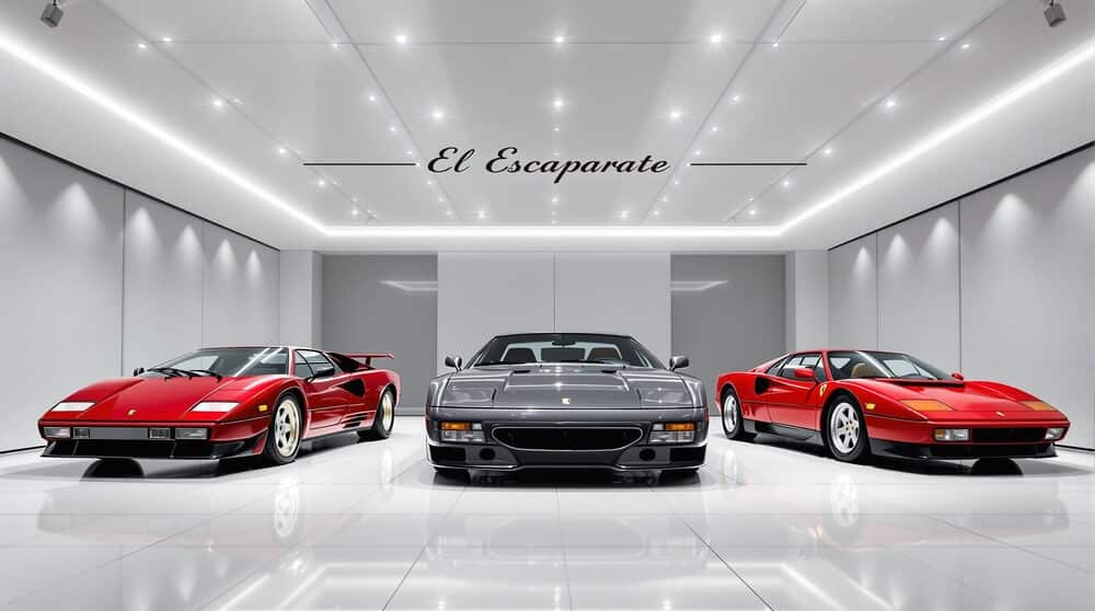 : Una imagen del escaparate de Miana Motor que muestra una selección de coches de ocasión. En primer plano, se pueden ver varios vehículos alineados, destacando su buen estado y variedad de marcas y modelos. En el fondo, se observa el logotipo de Miana Motor y detalles del entorno comercial.