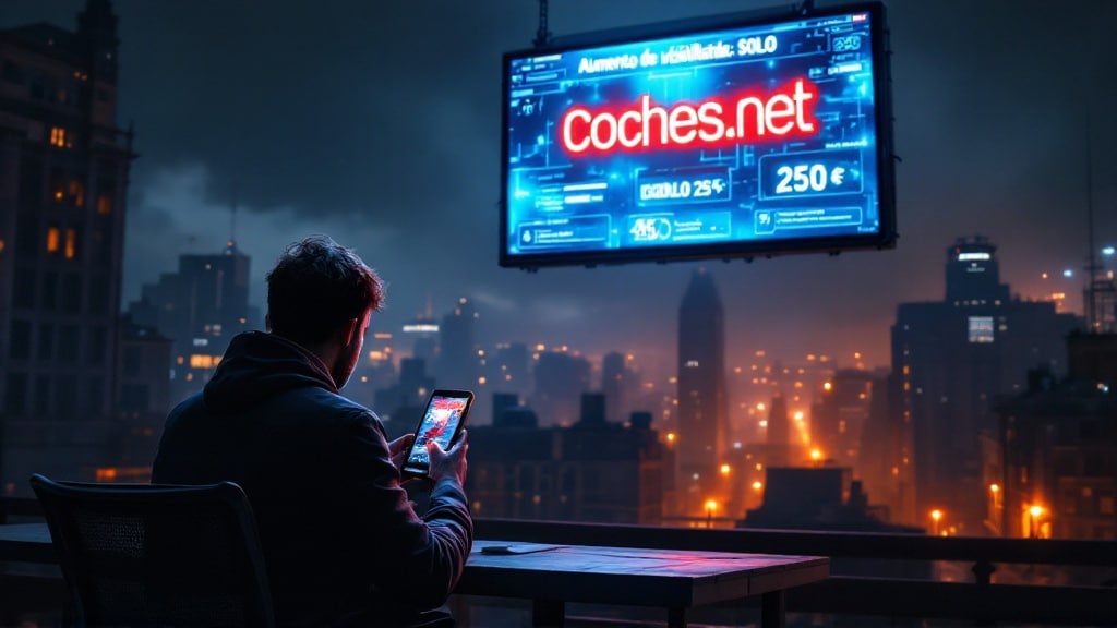 La imagen muestra a una persona sentada en una azotea de noche, sosteniendo un teléfono inteligente y mirando una gran cartelera digital. La cartelera muestra un anuncio para "Coches.net" con varios detalles en español. El fondo presenta un paisaje urbano con edificios iluminados y farolas, creando una escena atmosférica y con un toque melancólico. El texto de la cartelera incluye frases como:

"Aumento de visibilidad: SOLO"

"Coches.net"

"250 €"

"MODULO 25 €"

"450 €"
