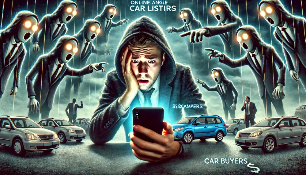 La imagen muestra a una persona con sudadera con capucha sosteniendo un teléfono inteligente, rodeada de varios coches. Por encima de la persona, hay múltiples figuras con traje, con ojos y bocas brillantes, señalando hacia abajo. En la parte superior de la imagen se lee el texto "ONLINE ANGLE CAR LISTIRS", cerca de un coche azul se lee "SCAMPERS", y en la parte inferior se lee "CAR BUYERS" con un signo de dólar. La imagen parece ilustrar el concepto de listados de coches en línea y la influencia o presión de varias fuentes sobre los compradores de coches. Las figuras con traje pueden representar la naturaleza abrumadora o intimidante de los listados de coches en línea.