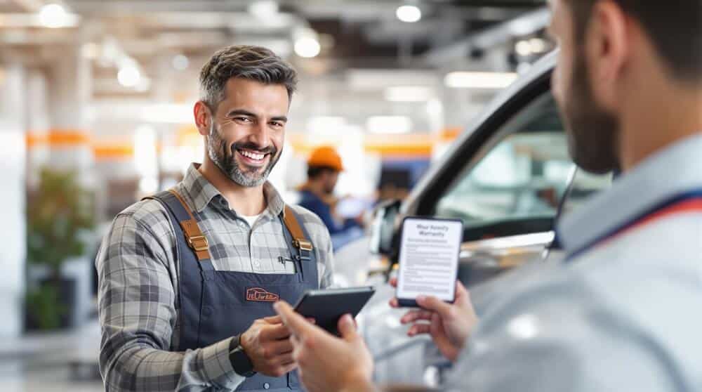 "La imagen muestra a dos personas en un concesionario de coches. Una de ellas, que parece ser un empleado, lleva una camisa de cuadros y un delantal con el logo 'LaTorreBlanca'. La otra persona sostiene un dispositivo móvil y un folleto que dice 'Your Warranty Warranty' con texto explicativo debajo. En el fondo, se puede ver un coche y otra persona con casco de seguridad. La imagen es relevante porque muestra una interacción típica en un concesionario de coches, donde se discuten detalles importantes como la garantía del vehículo. Keyword: 'Cómo funcionan los concesionarios de coches online'.