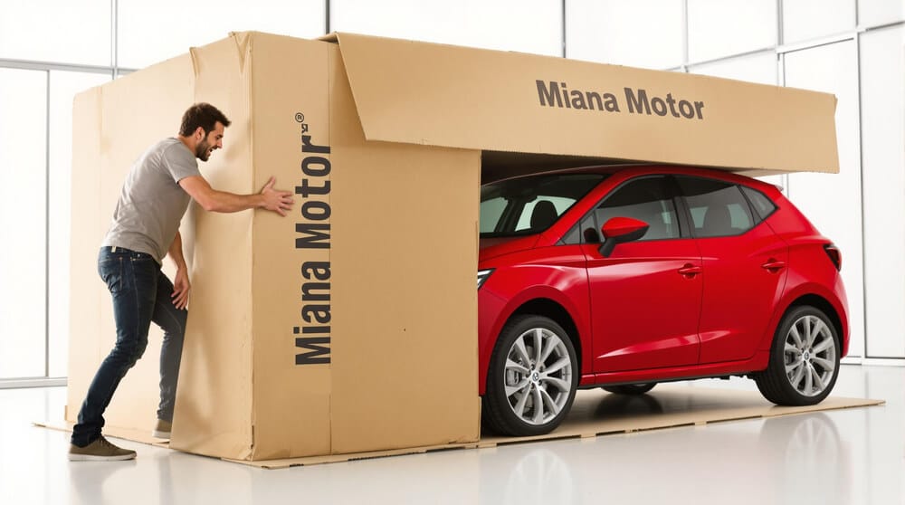 La imagen muestra a un hombre retirando una gran caja de cartón que cubre un coche rojo. La caja tiene el texto 'Miana Motor' impreso en ella. La imagen ilustra cómo los concesionarios de coches online pueden entregar vehículos directamente a los clientes en sus casas, empaquetados de manera segura. Keyword: 'Cómo funcionan los concesionarios de coches online'.