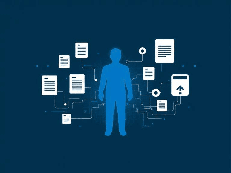 La imagen muestra una silueta de una persona en azul, rodeada por varios iconos de documentos conectados por líneas, sugiriendo un flujo de información. Esta representación visual es relevante ya que destaca el concepto de gestión de datos, flujo de información o gestión de identidad, que puede estar relacionado con temas como el robo de identidad y las estafas.