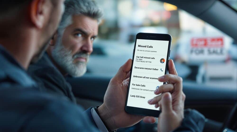 La imagen muestra a una persona sosteniendo un teléfono inteligente dentro de un coche. En la pantalla del teléfono se muestra una lista de llamadas perdidas, con algunas entradas que parecen ser de posibles estafadores o contactos desconocidos. En el fondo, hay un letrero que dice 'FOR SALE' visible a través de la ventana del coche, lo que sugiere que la persona podría estar involucrada en la venta de un coche. Esta imagen es relevante para la estafa del bizum inverso y la estafa en la venta de coches de segunda mano.
