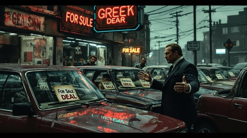 La imagen muestra un concesionario de coches usados con varios vehículos rojos estacionados muy juntos, cada uno con un cartel que dice 'FOR SALE DEAL' en el parabrisas. El concesionario está situado en una zona urbana con cables de electricidad y edificios visibles en el fondo. Hay letreros de neón, incluyendo uno que dice 'GREEK DEAR' y otro que dice 'FOR SULE'. La escena tiene un ambiente algo desgastado, con una persona en traje gesticulando hacia los coches, posiblemente indicando una oferta de venta. La imagen destaca el tema de comprar coches de ocasión con una mezcla de letreros de neón y decadencia urbana.