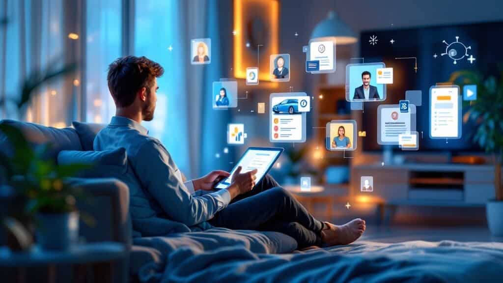 : "Una persona sentada en un sofá en una sala de estar moderna y bien iluminada, sosteniendo una tableta. La persona está rodeada de iconos digitales flotantes y imágenes que representan varias actividades o aplicaciones en línea. Estos iconos incluyen fotos de perfil, documentos, un coche y otras interfaces digitales, sugiriendo que la persona está realizando múltiples tareas en línea o navegando por diferentes servicios digitales. La escena es visualmente atractiva debido a los colores vibrantes y la representación futurista de la interacción digital. 'Comprar coche usado online' y 'Miana Motor'.