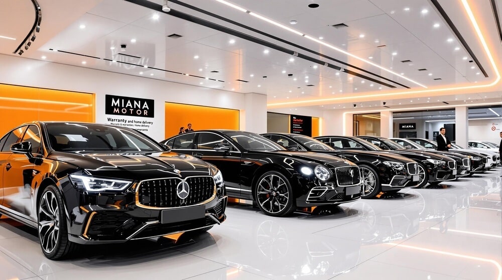 "La imagen muestra un concesionario de automóviles llamado Miana Motor. En el concesionario se exhiben varios coches de alta gama, todos de color negro y con un acabado brillante. En primer plano, se puede ver un coche Mercedes-Benz, seguido de varios coches Bentley. El concesionario tiene un diseño moderno con iluminación brillante y paredes de color blanco y naranja. En la pared del fondo, hay un cartel que dice 'MIANA MOTOR' y debajo se lee 'Warranty and home delivery' junto con otros detalles sobre garantías y entrega a domicilio. Hay varias personas en el concesionario, algunas de las cuales parecen ser empleados. Keywords: 'comprar coche seminuevo', 'comprar coche de segunda mano'.