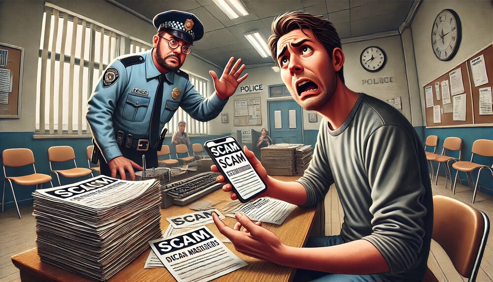 La imagen muestra una escena dentro de una comisaría de policía. Un oficial de policía está de pie y gesticulando hacia una persona sentada en un escritorio. La persona en el escritorio sostiene un teléfono inteligente que muestra repetidamente la palabra "SCAM" (estafa). Hay pilas de papeles en el escritorio, y el papel superior de cada pila también tiene la palabra "SCAM" destacada. La sala tiene varias sillas, tablones de anuncios con avisos y relojes en las paredes. Esta imagen es interesante y relevante, ya que destaca el problema de las estafas en línea y posiblemente la percepción de la inacción de la policía para abordar estas estafas.