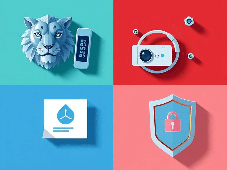 : La imagen está dividida en cuatro cuadrantes, cada uno conteniendo una ilustración diferente.

El cuadrante superior izquierdo presenta un león estilizado y un control remoto con botones.

El cuadrante superior derecho muestra una cámara o dispositivo de proyección con un marco circular y dos pequeños pernos.

El cuadrante inferior izquierdo muestra un papel con un icono de gota de agua y algunas líneas de texto.

El cuadrante inferior derecho contiene un escudo con un símbolo de candado en el centro.