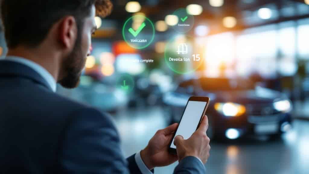 Una persona en un concesionario de automóviles, sosteniendo un teléfono inteligente, con varios coches y luces brillantes visibles al fondo. Hay iconos y texto digital sobre la imagen, incluyendo un icono de marca de verificación verde con 'Volución', otro con 'Confirmación completa' y un icono de un edificio con 'Devolución 15'. La imagen sugiere el uso de tecnología moderna y la seguridad en el proceso de comprar un coche online. 'Comprar coche online' y 'Miana Motor'.