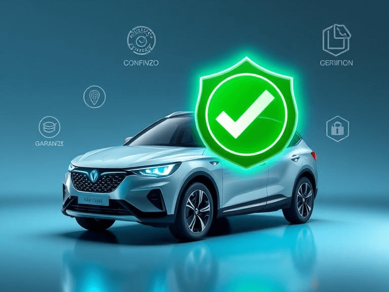 : La imagen muestra un SUV moderno y plateado con un diseño elegante, iluminado con una luz azul. El coche está posicionado contra un fondo azul con varios iconos y texto alrededor. El elemento más destacado es un gran escudo verde con una marca de verificación blanca en el centro, que indica seguridad o aprobación. Alrededor del coche hay cuatro iconos con texto: un icono circular con la palabra "CONFIVZO" sobre el coche, un icono de bombilla, un icono circular con la palabra "GARANZIA" a la izquierda y un icono de documento con la palabra "CERTIFION" a la derecha. Estos elementos sugieren temas de seguridad, innovación, garantía y certificación, destacando la fiabilidad y calidad del automóvil.