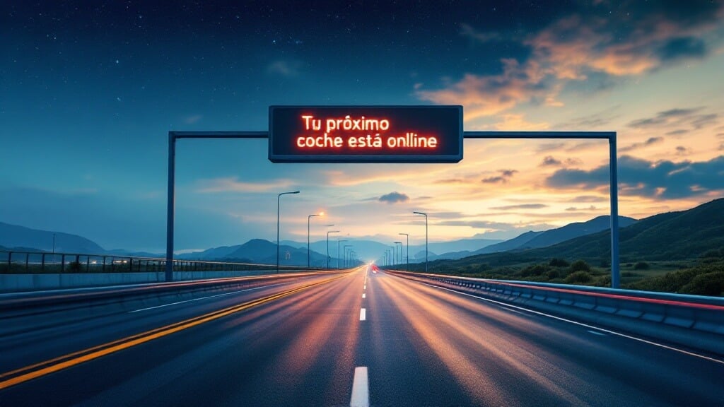 : Una carretera al anochecer con un cartel digital suspendido que muestra el texto "Tu próximo coche está online". La carretera está vacía y el paisaje de fondo incluye montañas y un cielo colorido con nubes. La escena transmite calma y serenidad, destacando el cartel digital como elemento principal, que sugiere una publicidad o anuncio relacionado con la compra de coches en línea. No hay problemas matemáticos o de tareas en la imagen.