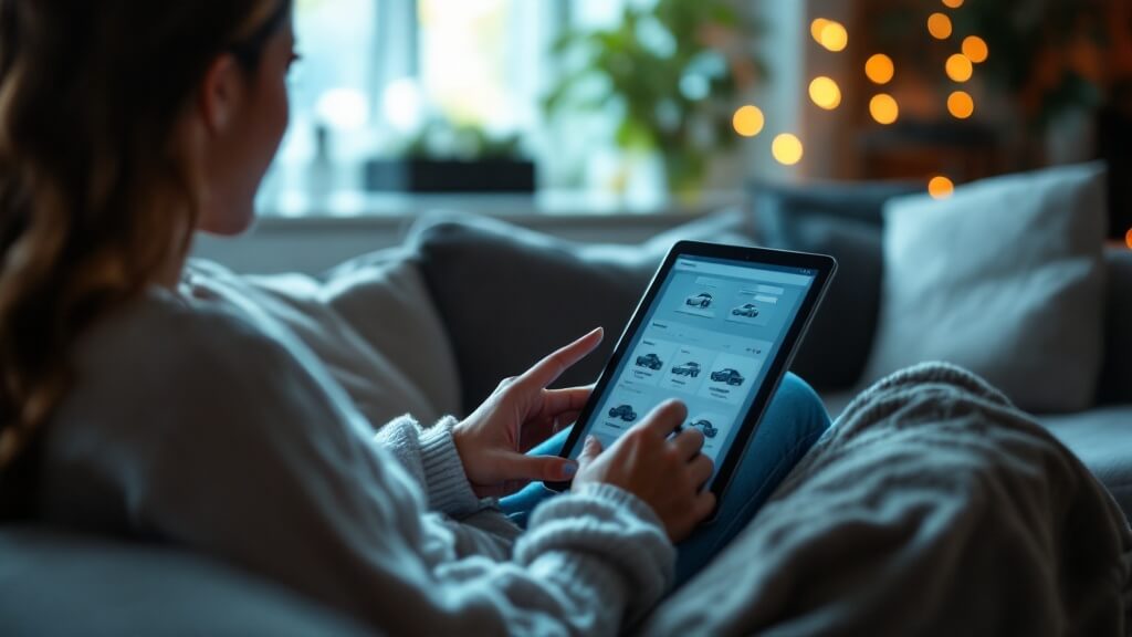 Una persona sentada en un sofá, sosteniendo una tableta y navegando por un sitio web de compra de coches en línea. La pantalla de la tableta muestra varios modelos de coches con imágenes y detalles, indicando que la persona está explorando opciones para comprar un coche online. El entorno es una sala de estar acogedora con iluminación suave y un fondo desenfocado, sugiriendo un ambiente cómodo y relajado. 'Comprar coche online' y 'Miana Motor'.