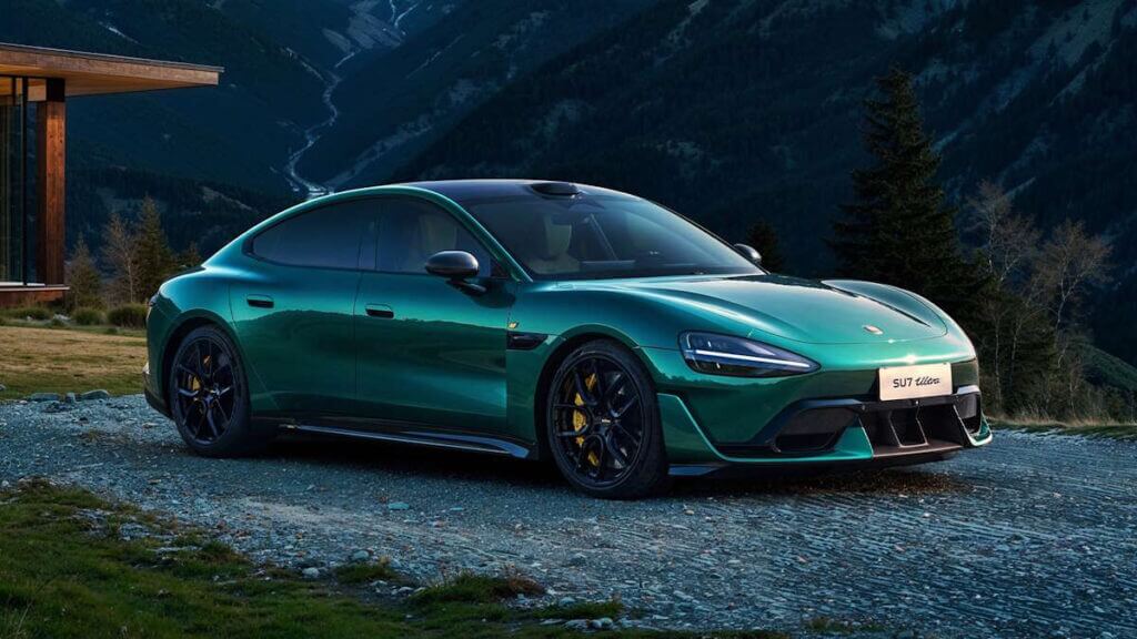 Coche deportivo verde brillante estacionado en una superficie de grava, con un fondo montañoso. El coche tiene un diseño moderno y aerodinámico con un perfil bajo. La matrícula delantera dice 'SU7 Ultra', indicando el modelo del coche. En el fondo, se ve un edificio moderno a la izquierda y una vista escénica de montañas y árboles, sugiriendo una ubicación remota o de alta altitud. El diseño del coche y el entorno pintoresco resaltan el rendimiento y el lujo del coche en un ambiente natural y sereno.