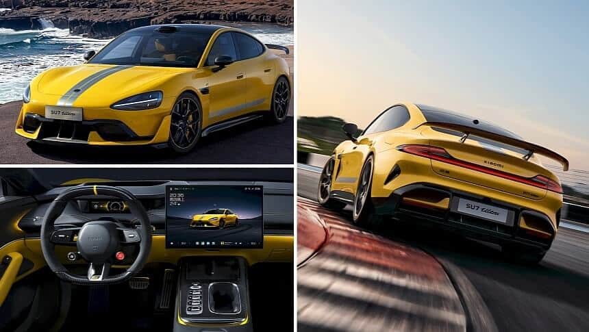 Collage de tres imágenes que muestran un coche deportivo amarillo llamado SU7 Ultra. La imagen superior izquierda muestra la vista frontal y lateral del coche estacionado cerca de una zona costera con olas al fondo. La imagen superior derecha muestra la vista trasera del coche conduciendo en una pista de carreras, destacando su diseño aerodinámico y el alerón trasero. La imagen inferior izquierda proporciona una vista del interior del coche, enfocándose en el volante, el tablero y el panel de control central, que incluye una pantalla digital mostrando el exterior del coche. El diseño del coche, tanto exterior como interior, enfatiza sus características deportivas y de alto rendimiento.