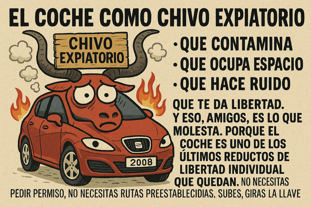 "Caricatura de un coche rojo con cabeza de toro, representando un 'chivo expiatorio'. El toro, con expresión preocupada, está rodeado de humo y fuego. Un cartel de madera sobre el coche dice 'CHIVO EXPIATORIO'. A la derecha hay un texto que critica los prejuicios contra los coches, destacando que representan una de las últimas formas de libertad individual. La matrícula del coche muestra el número '2008'.