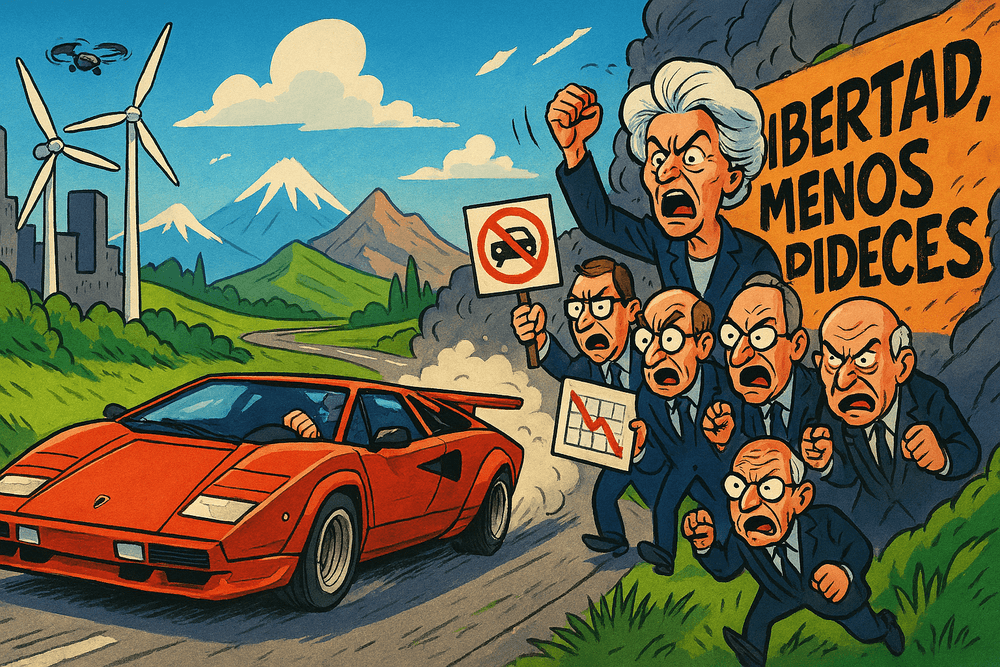 Ilustración que muestra un coche deportivo rojo en movimiento por una carretera, con humo saliendo del tubo de escape. En el fondo hay molinos de viento, montañas y edificios urbanos, creando contraste entre tecnología moderna y naturaleza. A la derecha, un grupo de personas con trajes protesta con pancartas; una tiene el dibujo de un coche tachado y otra muestra un gráfico descendente. Un cartel grande dice 'LIBERTAD, MENOS PIDECES', señalando crítica hacia restricciones o políticas actuales.