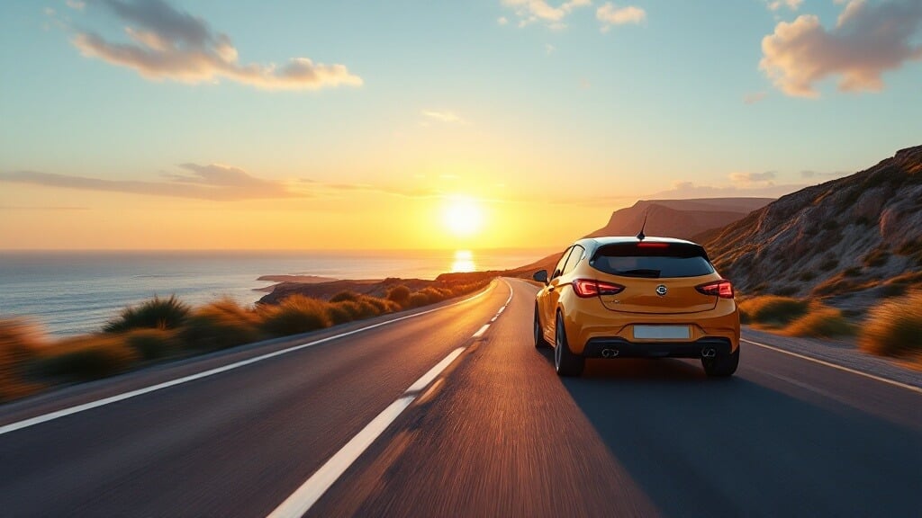 Opel Corsa en renting flexible conduciendo hacia el atardecer.