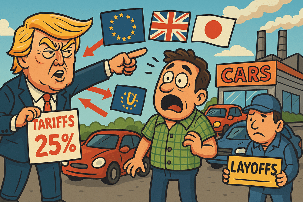 "Caricatura que representa a Donald Trump, con cabello rubio y traje azul, señalando con el dedo a un hombre con camisa de cuadros verdes que parece sorprendido. Trump sostiene un cartel que dice 'TARIFFS 25%' (Aranceles 25%). Flechas rojas apuntan desde Trump hacia tres banderas: la Unión Europea, el Reino Unido y Japón. En el fondo, se observa una fábrica con un cartel que dice 'CARS' (Autos) y varios automóviles estacionados. A la derecha, un trabajador con uniforme azul sostiene un cartel que dice 'LAYOFFS' (Despidos). La imagen simboliza el impacto de los aranceles del 25% impuestos por Trump en la industria automotriz y sus efectos en trabajadores y países afectados.