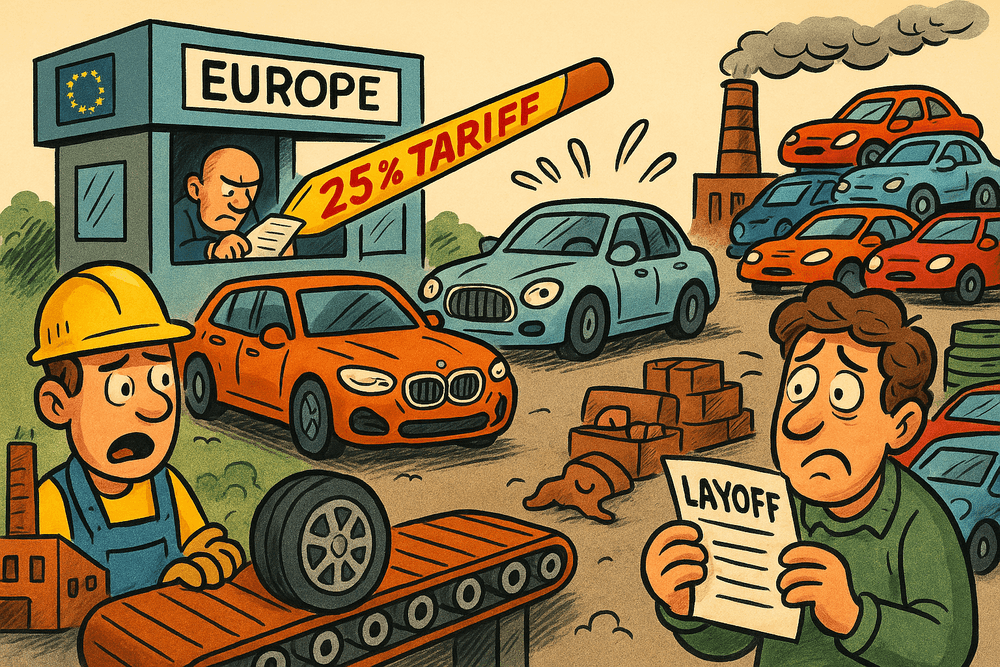 "Ilustración que muestra el impacto de los aranceles impuestos por Donald Trump en la industria automotriz. En la esquina superior izquierda, hay una caseta con la palabra 'EUROPE' y una bandera de la Unión Europea. Dentro de la caseta, una persona con expresión seria sostiene un documento y un lápiz. Desde la caseta, se extiende una barrera con la inscripción '25% TARIFF' en letras rojas. En el centro, dos automóviles, uno naranja y otro azul, parecen detenidos por la barrera. En la parte inferior izquierda, una persona con casco de construcción y uniforme trabaja en una fábrica con una cinta transportadora que lleva una llanta. En la parte inferior derecha, otra persona con expresión preocupada sostiene un documento que dice 'LAYOFF'. Al fondo, se ven pilas de automóviles y una fábrica con una chimenea que emite humo. La imagen refleja las consecuencias económicas de los aranceles, como la reducción de la producción y los despidos laborales.