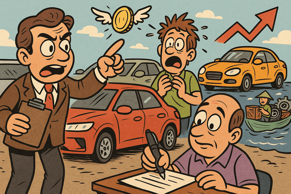 Caricatura que representa los efectos de los aranceles impuestos por Donald Trump. En el centro, un hombre con traje marrón, camisa blanca y corbata roja sostiene una carpeta mientras señala hacia arriba con expresión de enojo. A su lado, una moneda dorada con alas vuela hacia arriba, simbolizando el aumento de precios. A la izquierda, un hombre con camiseta verde muestra una expresión de sorpresa y preocupación mientras observa la moneda. En el fondo, hay un coche rojo y otro amarillo, junto con una flecha roja apuntando hacia arriba. A la derecha, un hombre calvo con camisa morada firma un documento en una mesa, mientras otro hombre en un bote, con sombrero de paja, está rodeado de cajas y engranajes, representando el comercio internacional. La imagen ilustra de manera visual los efectos económicos de los aranceles, como el aumento de precios y la preocupación de los consumidores.