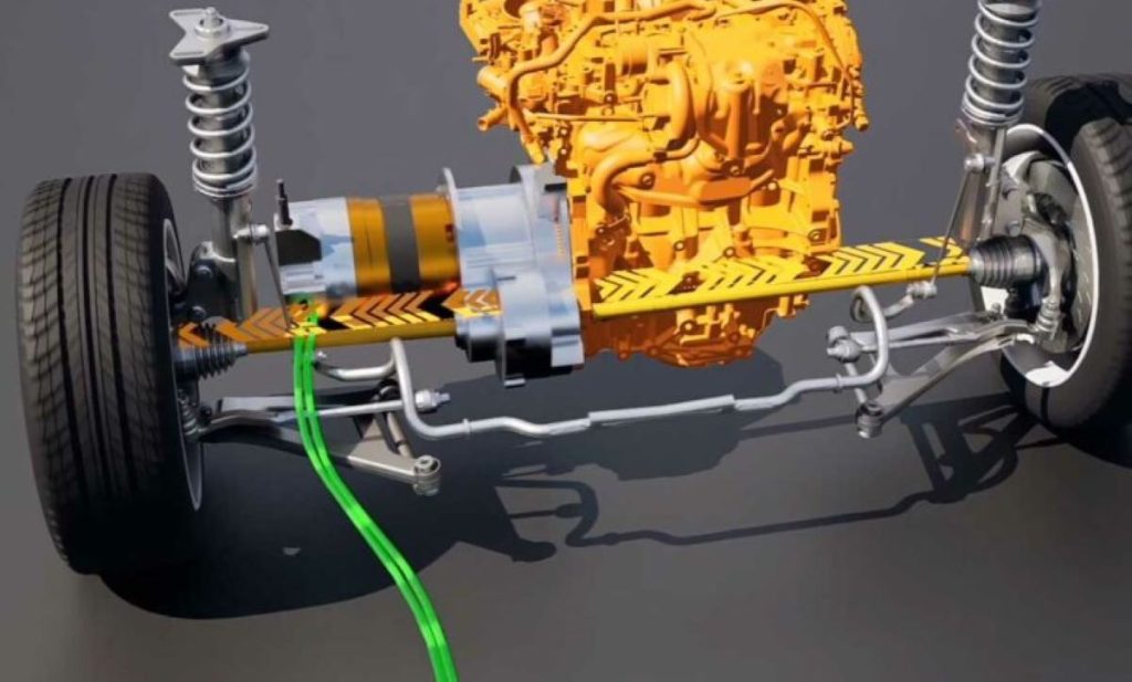 La imagen muestra un sistema de propulsión llamado Twin-E, diseñado para vehículos eléctricos. En el centro de la imagen, se destaca un motor de color naranja brillante conectado a un eje de transmisión amarillo con flechas negras que indican la dirección del movimiento. Este eje se conecta a un motor eléctrico o generador, parcialmente cubierto por una carcasa metálica de color plateado. A ambos lados del eje de transmisión, se encuentran las ruedas delanteras, equipadas con neumáticos negros y sistemas de suspensión visibles, como resortes helicoidales. También se observan componentes mecánicos adicionales, como barras estabilizadoras y brazos de control, que forman parte de la estructura de la suspensión y dirección. En la parte inferior izquierda de la imagen, un cable verde se extiende desde el motor eléctrico, simbolizando una conexión eléctrica esencial. La imagen en su conjunto enfatiza la integración de sistemas mecánicos y eléctricos en un tren motriz avanzado para vehículos sostenibles.