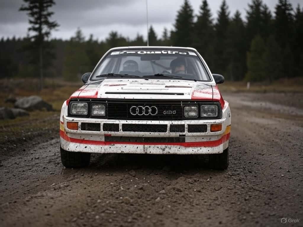 "Un Audi Ur-Quattro de rally avanza por un camino de tierra, cubierto de barro tras un recorrido exigente. Visto desde el frente, el coche exhibe su agresiva postura con faros distintivos y la emblemática inscripción 'quattro' en su parte delantera. El entorno es un bosque frondoso bajo un cielo nublado, lo que da un aire de competición en condiciones adversas.