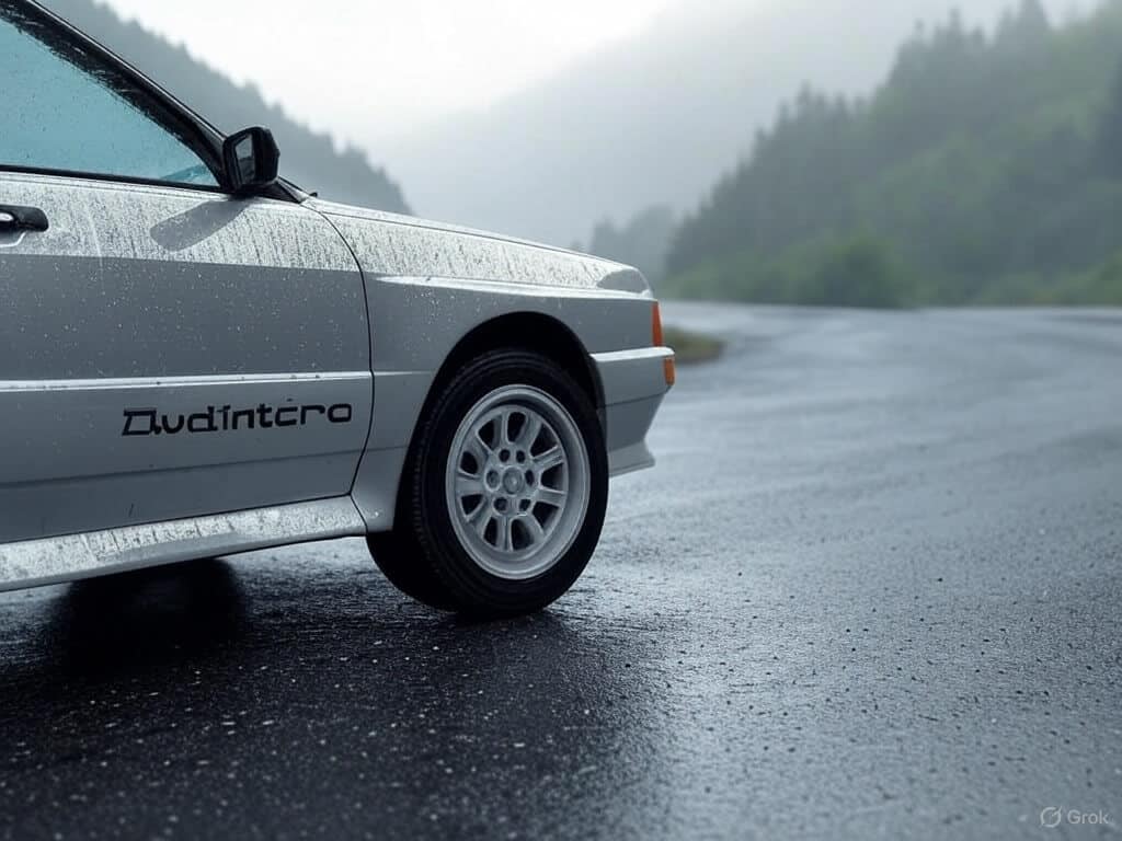Un Audi Ur-Quattro plateado está estacionado en una carretera mojada, con gotas de agua visibles en su carrocería. El vehículo destaca por su diseño clásico y su icónica parrilla frontal con el emblema de Audi. El ambiente es lluvioso y el cielo está nublado. En el fondo, se observan colinas cubiertas de árboles y la carretera se extiende hacia la distancia. En la puerta del coche aparece la palabra 'Audintro'.