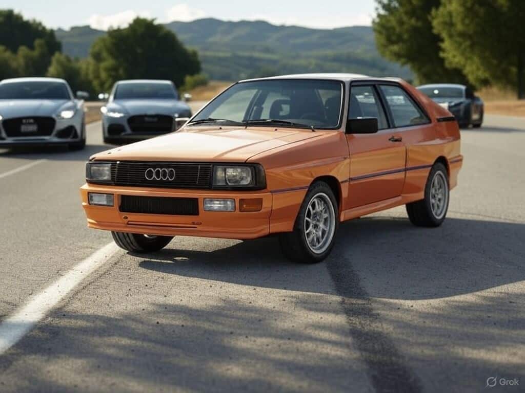 Un Audi Ur-Quattro de color naranja está estacionado en una carretera, mostrando su diseño clásico con líneas rectas y su icónica parrilla frontal con el logotipo de Audi. En el fondo, varios coches modernos de la misma marca parecen estar en movimiento, destacando el contraste entre el estilo vintage del Ur-Quattro y la evolución del diseño automotriz. La carretera está rodeada de árboles y colinas bajo un cielo despejado, añadiendo profundidad a la escena.