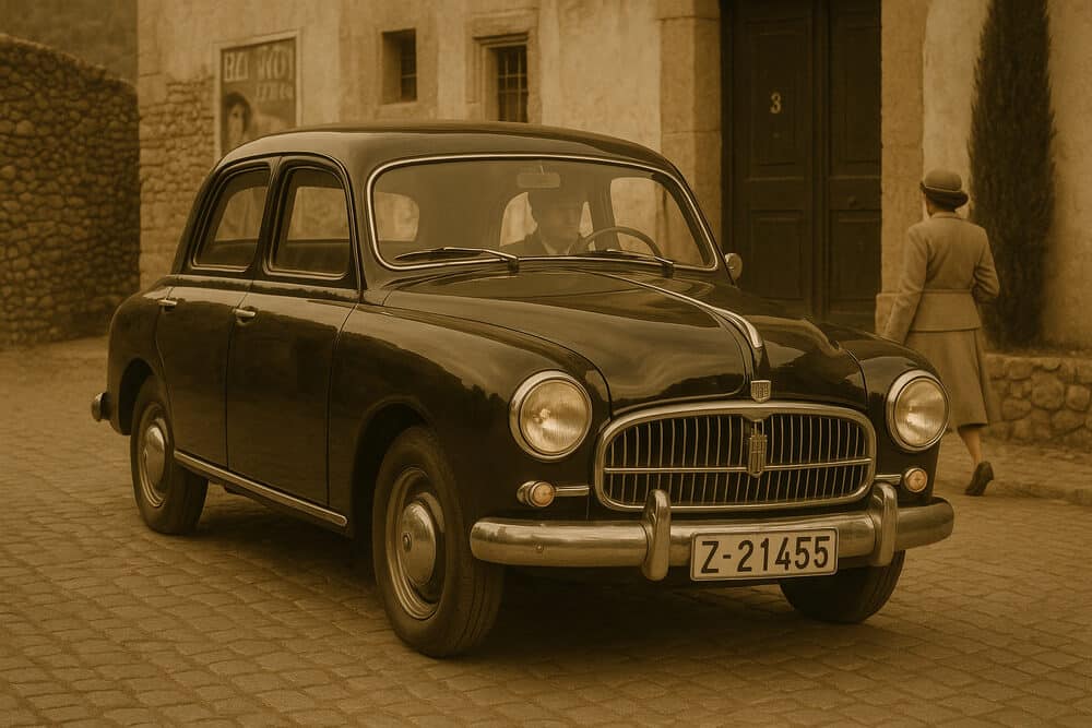 magen de un automóvil clásico Seat 1400 A de color negro estacionado en una calle empedrada. El coche tiene matrícula Z-21455 y está frente a una puerta con el número 3. En el fondo, se observa una persona caminando y un cartel en la pared.