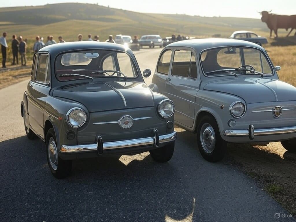 Un Seat 600 y un Fiat 600 clásicos están aparcados en una carretera de tierra, con un grupo de personas reunidas al fondo. Ambos vehículos, con sus icónicos diseños redondeados y detalles cromados, evocan la nostalgia de una época dorada del automóvil europeo. En el lado derecho de la imagen destaca una gran silueta negra de un toro, un símbolo icónico de España, que se eleva sobre el paisaje rural con colinas en la distancia. La escena sugiere un encuentro de aficionados a los coches clásicos, disfrutando de estas joyas automovilísticas en un entorno evocador.