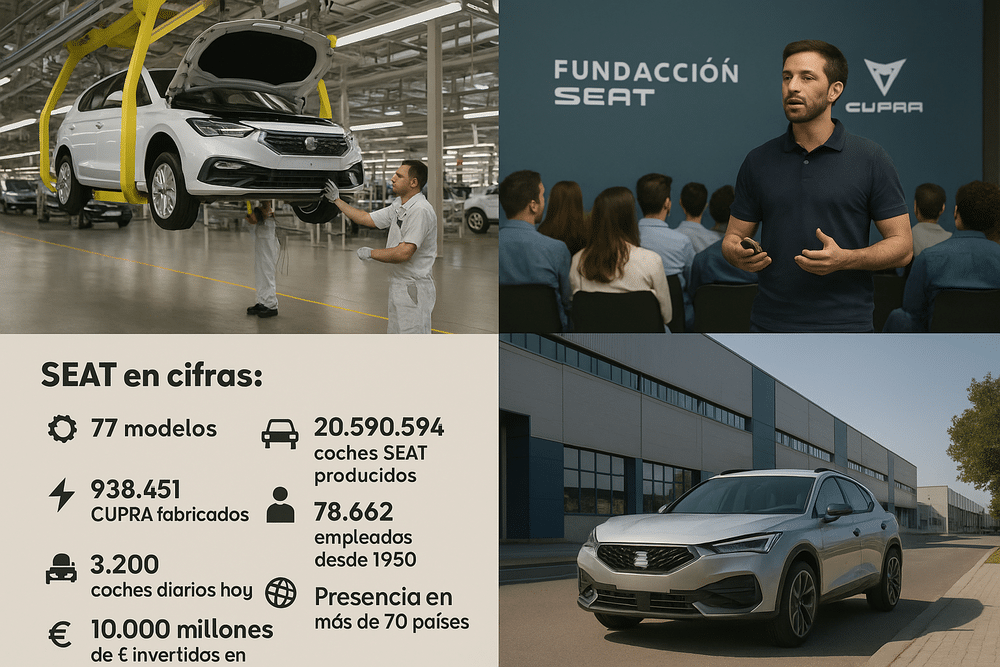 Imagen dividida en cuatro secciones que representan distintos aspectos de SEAT. En la parte superior izquierda, un coche blanco está siendo trabajado en una fábrica, con un operario junto a él. En la parte superior derecha, una persona da una presentación ante una audiencia, con los logotipos de \"Fundación SEAT\" y \"Cupra\" visibles en la pared detrás. En la parte inferior izquierda, un gráfico con cifras destaca datos clave de la empresa: número de modelos, coches producidos, vehículos Cupra fabricados, empleados históricos, producción diaria de automóviles, inversión en euros y presencia en países. En la parte inferior derecha, un coche plateado está estacionado frente a un edificio moderno.