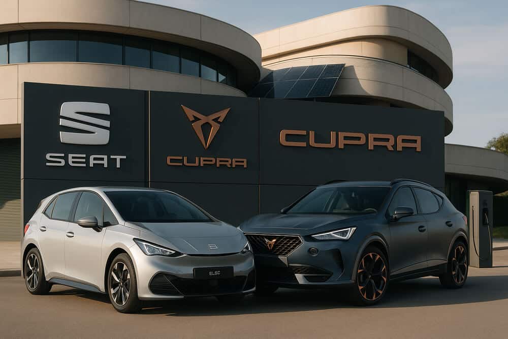 Imagen de dos automóviles estacionados frente a un edificio moderno con grandes ventanas. A la izquierda, un coche plateado con el logotipo de Seat en la parte frontal y la matrícula \"EL5C\". A la derecha, un coche negro con detalles en cobre y el logotipo de Cupra en la parte frontal. Detrás de los vehículos, un gran cartel muestra los logotipos y nombres de las marcas Seat y Cupra. El edificio tiene paneles solares en el techo, lo que sugiere un enfoque en la sostenibilidad.